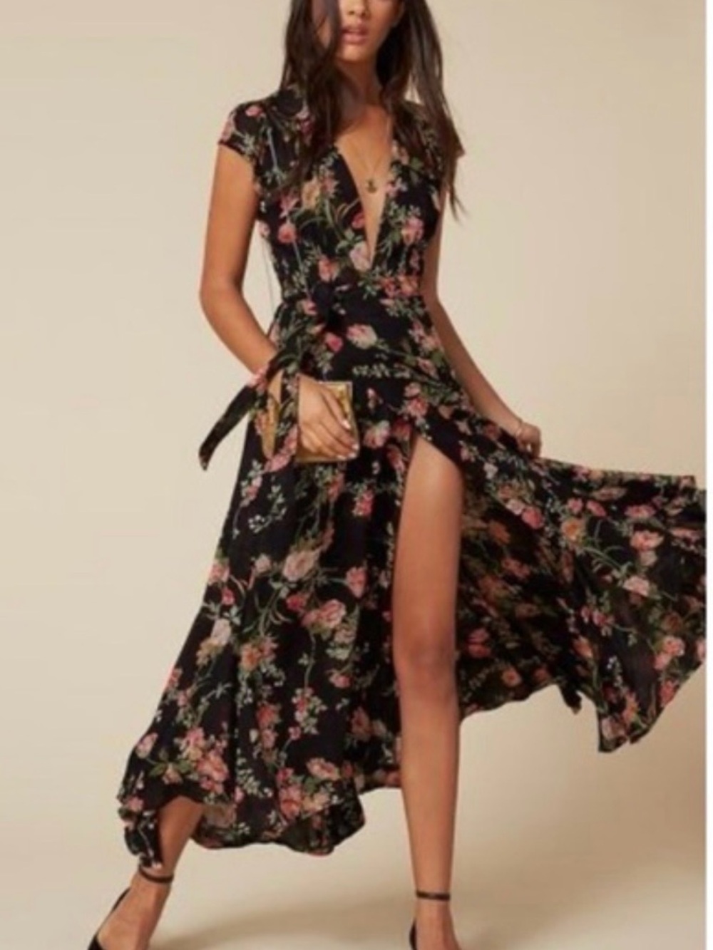 Reformation Black Floral Wrap Maxi Dress with Pink Flower Print